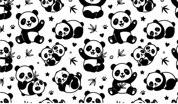 Cute Panda Seamless Pattern with Playful Animals, Bamboo, Hearts, Stars, and Paw Prints for Kids Textile and Surface Designs