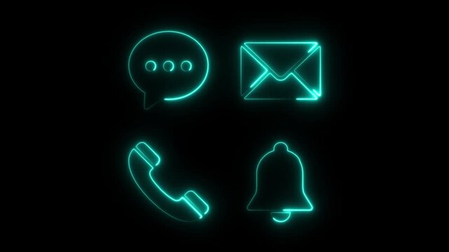 Glowing neon contact icons set on black background