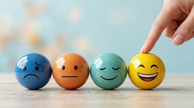 World mental health emotional assessment with hand selecting a happy face from a row of mood spheres emotions feelings psychology wellbeing happiness feedback