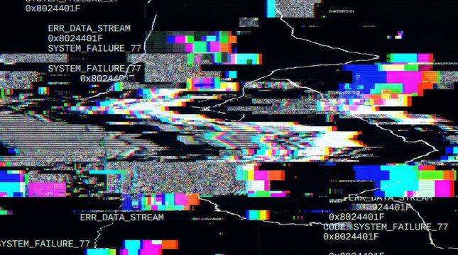 A digital screen displaying severe signal interference and corrupted data stream error messages.