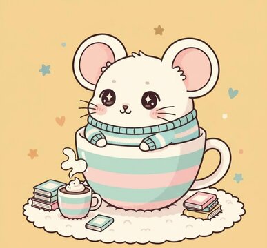 mouse and cheese,Cute Kawaii Mouse in Coffee Cup Vector Illustration, Adorable White Rat with Books Digital Art for POD and Stickers