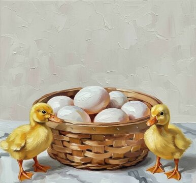 duck in a basket,Cute Yellow Ducklings and Basket of Eggs Oil Painting Digital Art, Farmhouse Duck PNG for Seamless Pattern and Overlay, Shabby Chic Easter Spring Clipart for Etsy and Adobe Stock