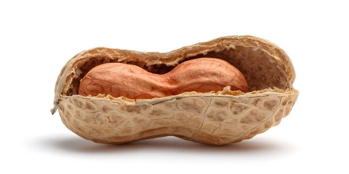 Open peanut shell revealing two kernels inside on white background