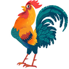 Colorful Rooster Hand Drawn Illustration with Vibrant Blue Tail © alam
