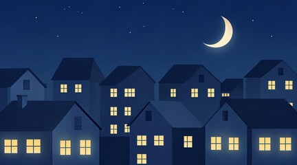 Fototapeta premium Night city landscape illustration with glowing windows and crescent moon in starry sky
