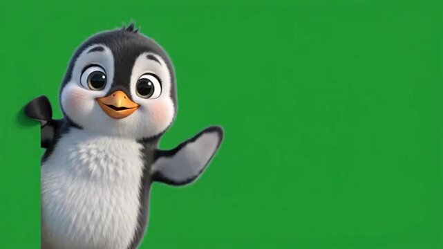 Adorable Cartoon Animals Penguin Appearing From Frame Edge on Chroma Key Background