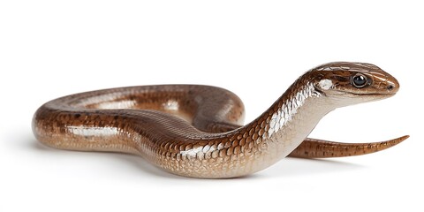 Fototapeta premium A smooth brown snake with dark scales and small eyes is coiled and raised on a white surface
