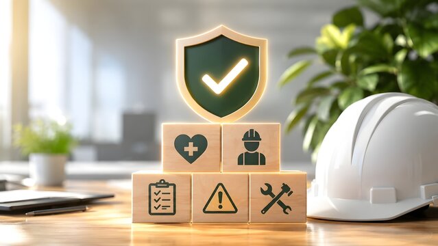 Wooden blocks with occupational health and safety icons under a glowing shield, workplace hazard protection with hard hat
