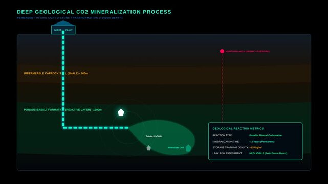 Deep Geological Carbon Dioxide Mineralization Process Infographic Showing Carbon Storage Method
