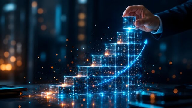 Businessman hand placing glowing digital cube on upward staircase chart with rising arrow for business growth and financial success strategy