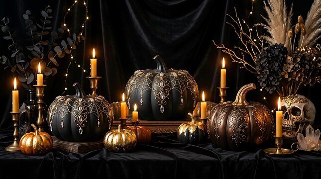 A beautifully decorated halloween display featuring glowing candles pumpkins and spooky dark atmospheric elements