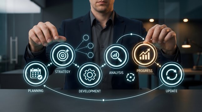 Project management lifecycle workflow showing professional adjusting glowing digital icons for strategic business planning