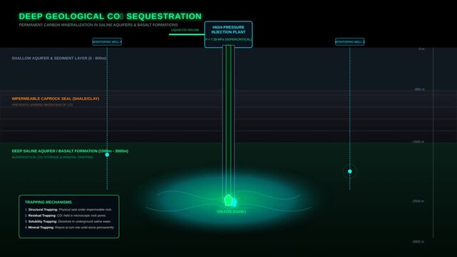Deep Geological Carbon Sequestration and Mineral Trapping Process Animation