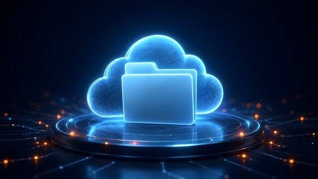 Cloud computing data storage concept with glowing neon file folder inside a cloud icon on futuristic circuit platform