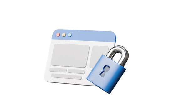 3d website security icon. cybersecurity concept. minimal cartoon web browser and padlock for secure access and data protection. isolated on white transparent background. 3d render.