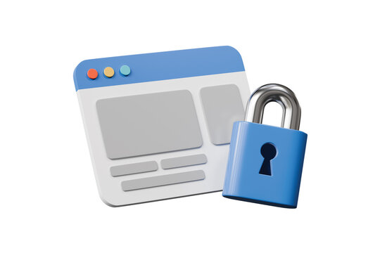 3d website security icon. cybersecurity concept. minimal cartoon web browser and padlock for secure access and data protection. isolated on white transparent background. 3d render.