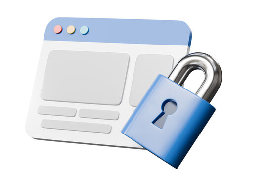 3d website security icon. cybersecurity concept. minimal cartoon web browser and padlock for secure access and data protection. isolated on white transparent background. 3d render.