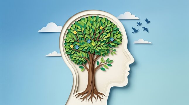 World mental health concept featuring a human head silhouette containing a growing tree with roots symbolizing inner peace and mental well-being, psychology