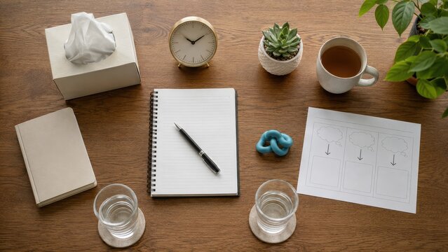 Therapist Office Desk Flat Lay with Notebook, Tissue Box, Water Glasses, Clock, CBT Worksheet and Stress Ball on Wooden Table