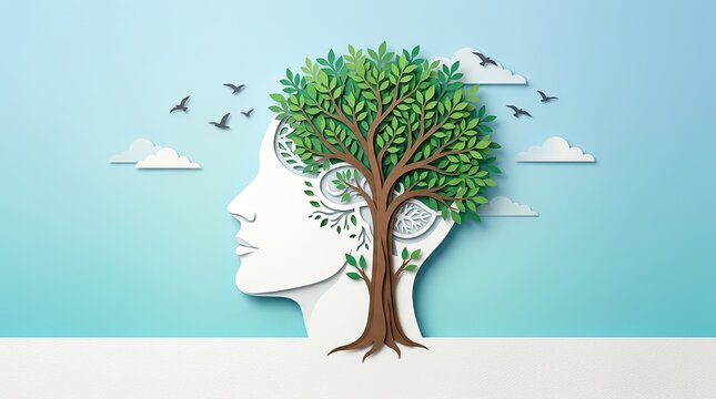 World mental health illustration of a human head profile showing a flourishing tree inside representing cognitive development and mental clarity with psychology