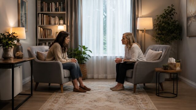 Therapist Active Listening to Female Patient in Full View of Cozy Therapy Room with Bookshelves, Plants and Warm Lighting