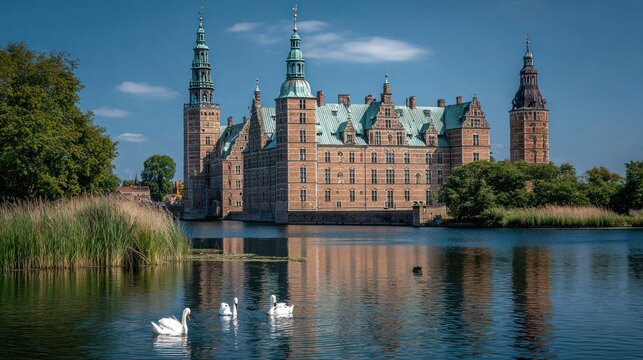A serene castle stands by a tranquil lake, reflecting the azure sky and surrounding greenery.  White swans glide peacefully across the water's surface, adding to the idyllic scene.