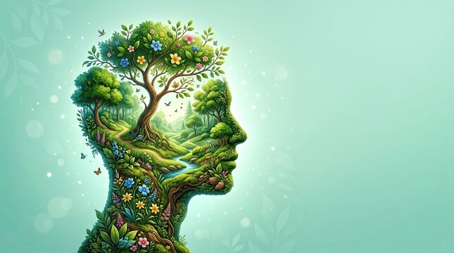 World mental health illustration of a human head silhouette containing a forest and tree symbolizing personal growth and positive mindset with wellbeing, psychology
