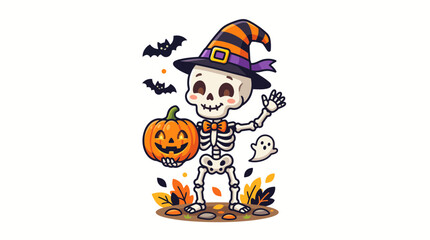 Fototapeta premium Cute Halloween Skeleton with Pumpkin Vector Illustration