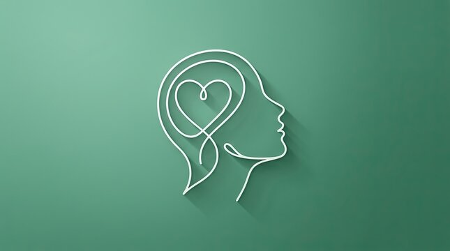 World mental health minimalist white line art of a human head silhouette containing a central heart shape with silhouette minimalist psychology wellness positive
