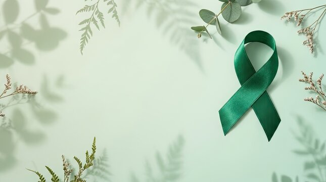World mental health awareness green ribbon concept with awareness wellbeing psychology medicine background abstract recovery wellness clinical campaign