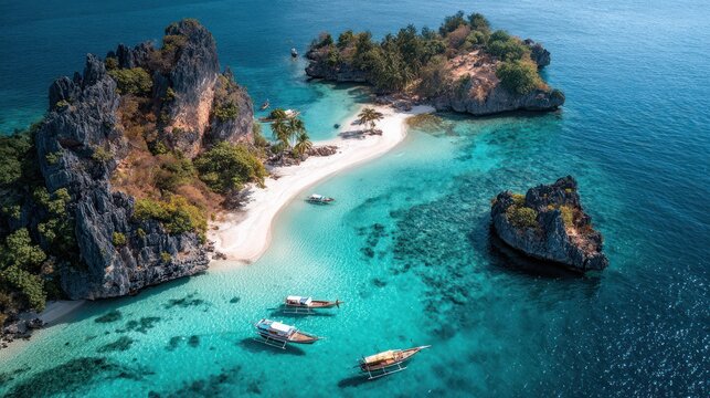A tranquil, idyllic island paradise showcases a pristine white-sand beach nestled within a turquoise lagoon.
