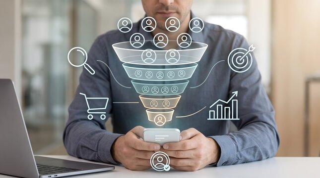 Digital marketing sales funnel concept featuring professional holding smartphone with holographic user conversion tracking and analytics icons