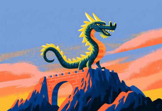 Green dragon standing on stone arch bridge mountain top sunset sky fantasy cartoon illustration landscape vector poster banner art