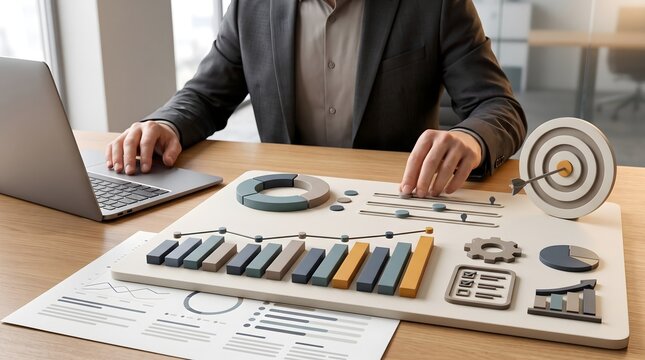 Strategic business planning concept showing executive adjusting physical dashboard sliders and performance metrics target