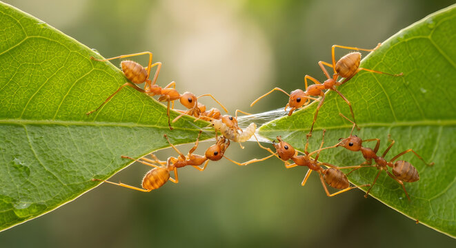Weaver ants working together to pull two leaves together with silk