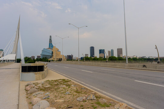 July 26 2026 - Winnipeg Manitoba Canada - Winnipeg skyline from the esplanade riel bridge