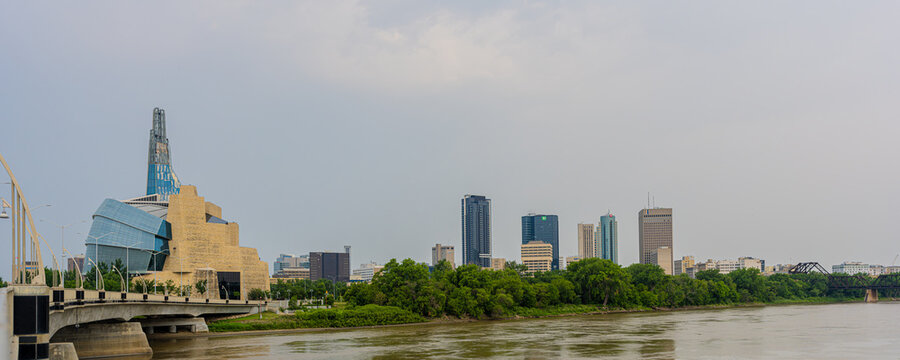 July 26 2026 - Winnipeg Manitoba Canada - Winnipeg skyline from the esplanade riel bridge