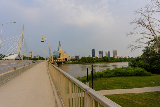 July 26 2026 - Winnipeg Manitoba Canada - Winnipeg skyline from the esplanade riel bridge