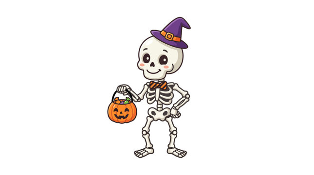 Cute Skeleton with Witch Hat and Pumpkin Bucket Vector Illustration