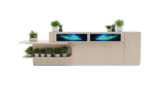 Modern modular kitchen with plants and wooden counter