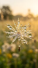 Obraz premium Extreme macro photography of a dandelion seed with dew water drops reflecting landscape at golden hour sunrise.