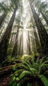 Sun beams breaking through fog ancient redwood forest with green ferns fore ground.