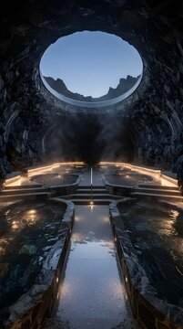 Luxury underground thermal spa cave with steam hot spring pools, warm ambien lighting, and a large circular sky light oculus view of mountains.