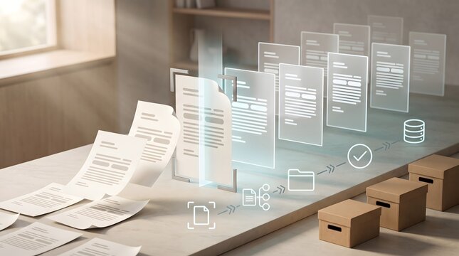 Document digitization workflow concept showing physical papers scanning into virtual files and cloud database storage boxes
