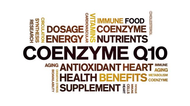 Coenzyme Q10 animated word cloud-CoQ10 text design animation tag kinetic typography seamless loop.