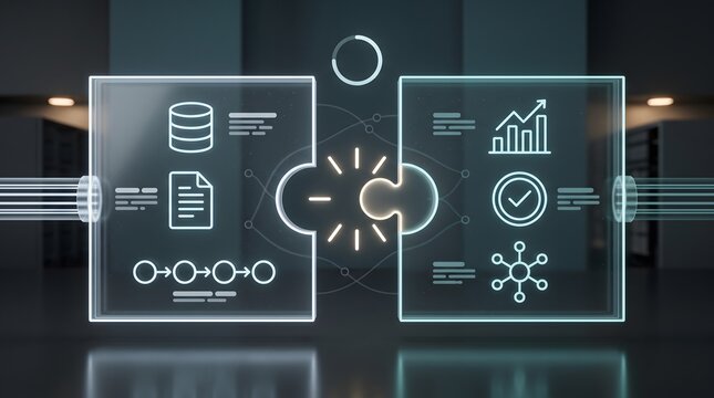 Digital system integration concept showing glowing data puzzle pieces connecting corporate network workflows
