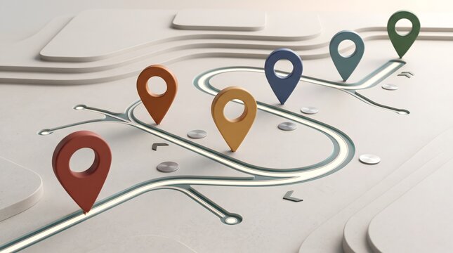 Strategic business roadmap navigation concept displaying sequential glowing location pins on winding topographic path