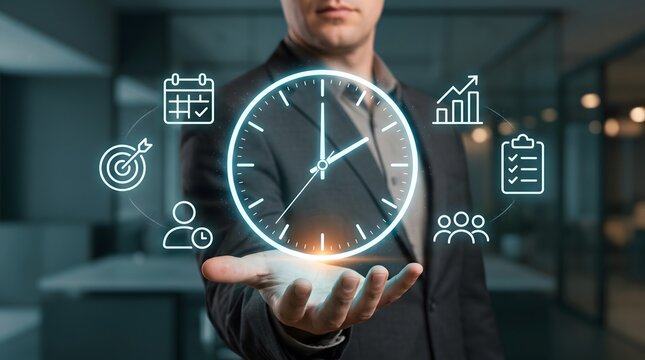 Corporate scheduling efficiency concept featuring businessman holding glowing digital clock with project management and planning icons