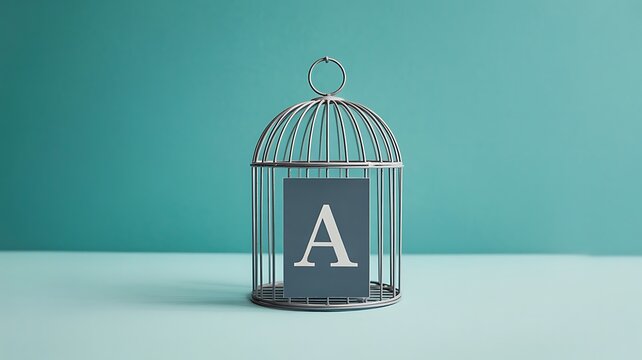 Letter a inside a decorative birdcage representing freedom restriction and identity
