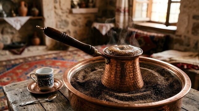 Traditional Turkish coffee brewing on hot sand in a copper cezve with steam in a rustic kitchen